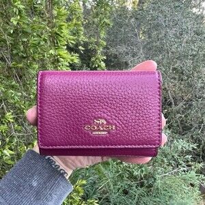 COACH Micro Trifold Wallet Pebble Leather Light Raspberry with Gold Hardware